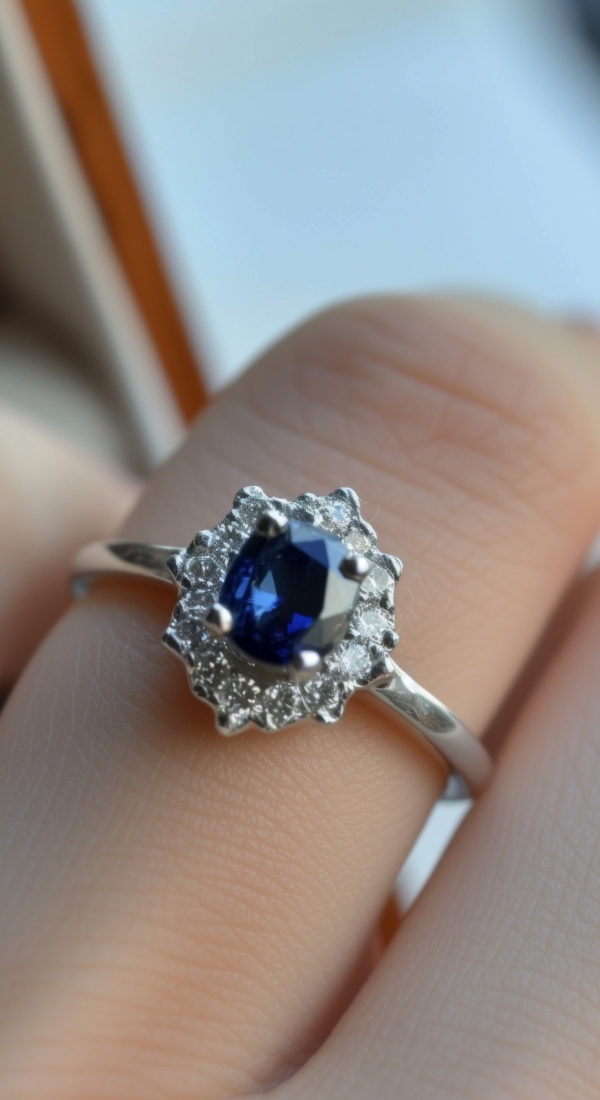 ring with sapphire on finger over an open jewelry box, created with generative ai