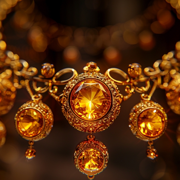 Golden Necklace, Intricately designed piece of jewelry with shimmering gemstones, reflecting the elegance of a bygone era 3D render, Rembrandt lighting, chromatic aberration