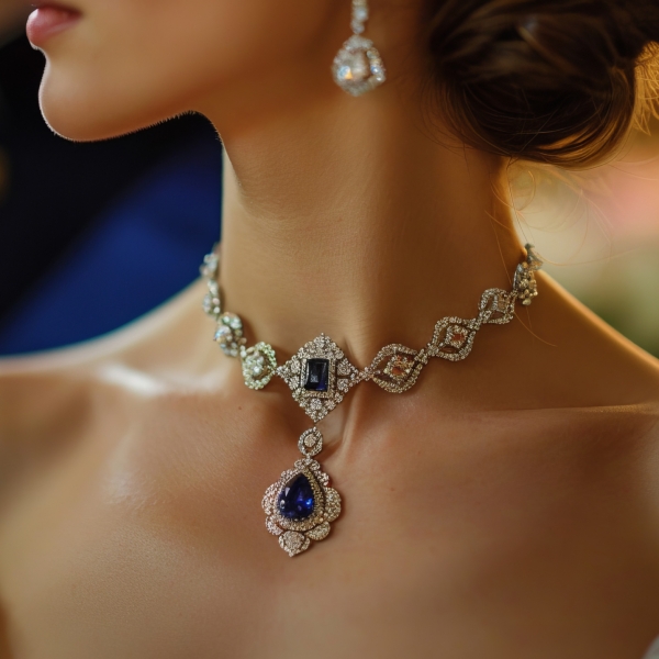 A close-up of a bride adorned with an exquisite diamond necklace, featuring a large sapphire centerpiece